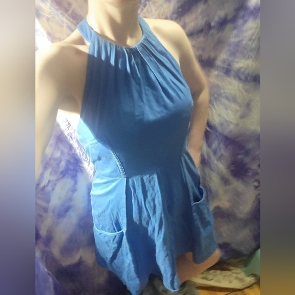 Jessica Simpson Blue Halter Pleated Neckline Deep Front Pockets A-line Dress 6 - Picture 15 of 15